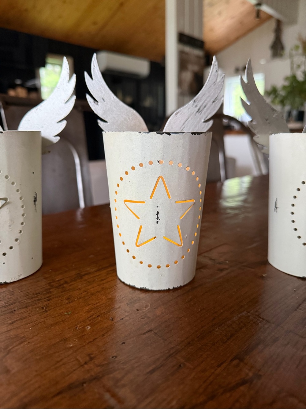 3 Creamy White Metal Star Candle Holders with Wing Accents